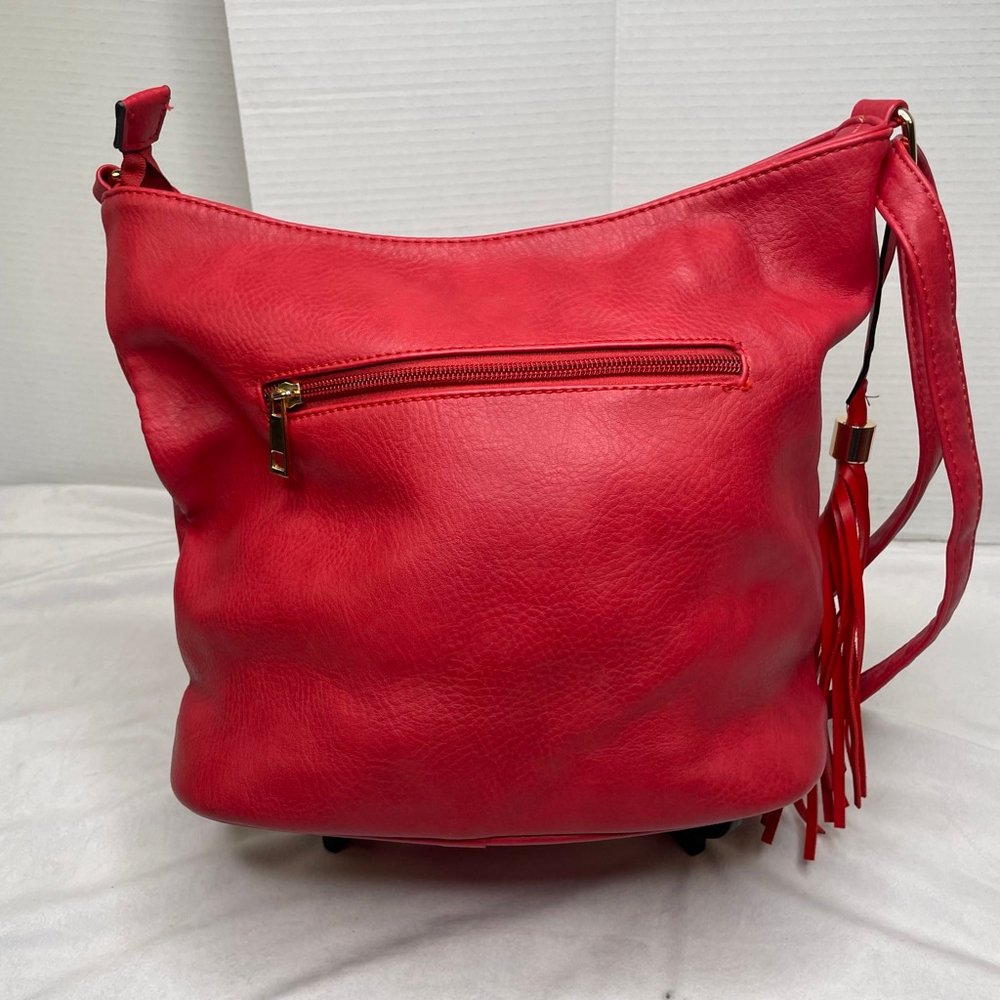 Red Vegan Leather Hobo Bag Gold Tassel Buckle Slouchy Bag Pop of Red Aesthetic - Picture 3 of 15